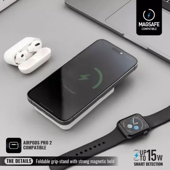 BAZIC GOPOWER 10K, 10000MAH MAGSAFE COMPATIBLE POWER BANK WITH BUILT-IN APPLE WATCH CHARGER - WHITE